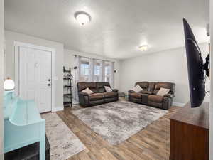 Living room featuring dark hardwood / wood-style floors and a textured ceiling