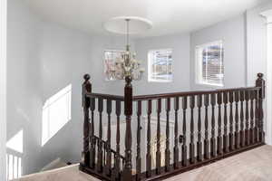 Stairs with carpet flooring and a chandelier