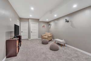 Sitting room featuring light carpet