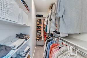 Spacious closet with light carpet