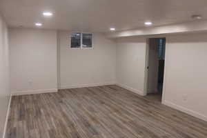 Basement featuring dark wood-type flooring