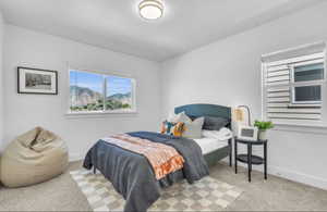 Bedroom featuring light colored carpet