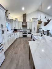 Kitchen with vaulted ceiling, appliances with stainless steel finishes, pendant lighting, tasteful backsplash, and custom exhaust hood