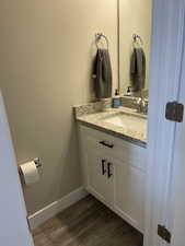 Bathroom with wood-type flooring and vanity