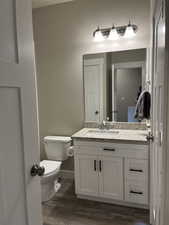 Bathroom with vanity, hardwood / wood-style flooring, and toilet