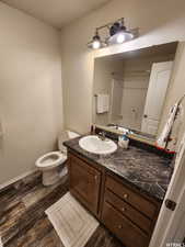 Bathroom with vanity, hardwood / wood-style floors, and toilet