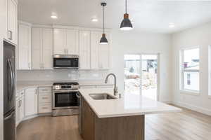 Kitchen with appliances with stainless steel finishes, tasteful backsplash, white cabinetry, sink, and a kitchen island with sink