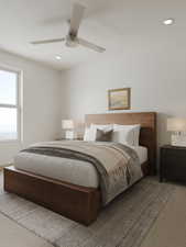 Bedroom featuring light carpet and ceiling fan