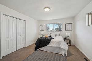 Carpeted bedroom featuring a closet