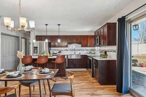 Kitchen with a center island, hanging light fixtures, sink, and appliances with stainless steel finishes