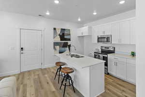 Kitchen featuring a breakfast bar, white cabinetry, an island with sink, sink, and stainless steel appliances