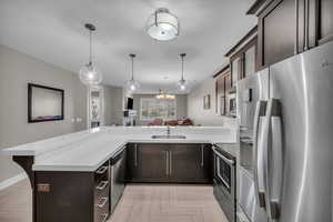 Kitchen featuring sink, appliances with stainless steel finishes, dark brown cabinets, kitchen peninsula, and light parquet flooring