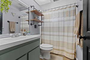 Bathroom with vanity, hardwood / wood-style floors, and toilet