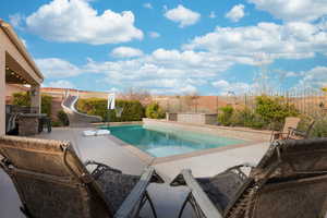 View of swimming pool featuring a fenced in pool, outdoor dry bar, a patio area, a water slide, and a fenced backyard