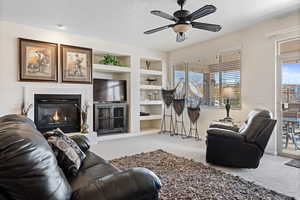 Living room with carpet floors, a healthy amount of sunlight, a textured ceiling, and built in shelves