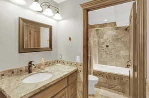 Full bathroom featuring vanity, shower / bathtub combination with curtain, and toilet