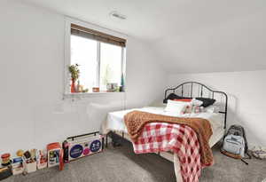 Bedroom featuring vaulted ceiling and carpet flooring