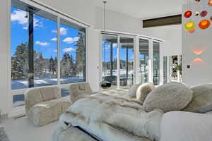 Master bedroom featuring beam ceiling, multiple windows, and access to outside