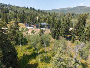 Aerial view of property and surrounding area with a forest and mountains