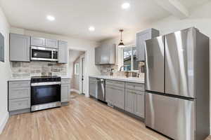 Kitchen with gray cabinetry, stainless steel appliances, hanging light fixtures, and backsplash