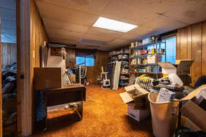 Basement featuring carpet, a drop ceiling, and wood walls