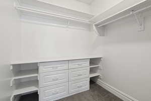 Spacious closet with dark colored carpet