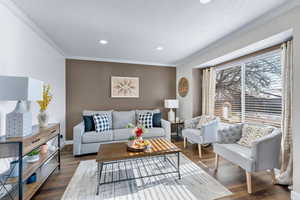 Living room with crown molding, dark wood-type flooring, and a textured ceiling