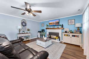 Living room with a fireplace, crown molding, dark wood-type flooring, and ceiling fan