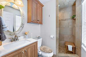 Bathroom with vanity, toilet, and a tile shower