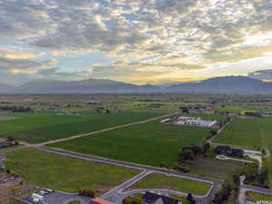 Aerial view at dusk with a mountain view