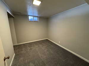 Basement with dark colored carpet