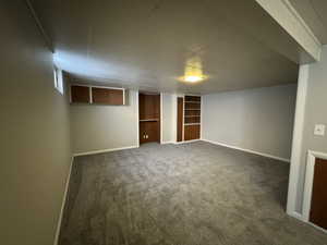 Basement featuring dark carpet