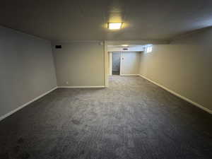 Basement featuring dark carpet