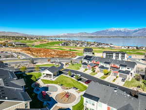 Bird's eye view with a water and mountain view