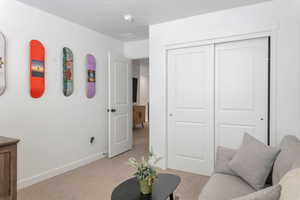 Living room with light colored carpet