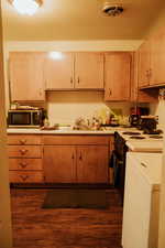 Kitchen with dark wood-type flooring, sink, light brown cabinets, electric stove, and washer / clothes dryer