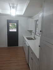 Kitchen with a sink, white dishwasher, white cabinets, dark wood finished floors, and a raised ceiling