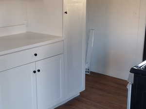 Kitchen with range with electric stovetop, dark hardwood / wood-style floors, and white cabinets