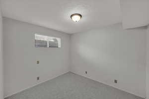 Carpeted spare room featuring a textured ceiling