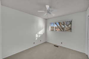 Spare room with light carpet, ceiling fan, and a textured ceiling