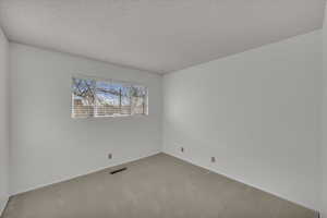 Carpeted empty room with a textured ceiling