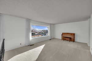 Unfurnished room with light colored carpet and a textured ceiling