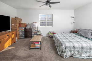 Bedroom featuring ceiling fan and carpet