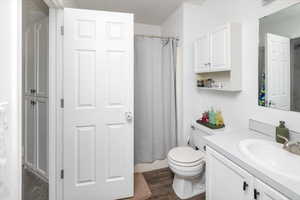 Bathroom with vanity, wood-type flooring, and toilet