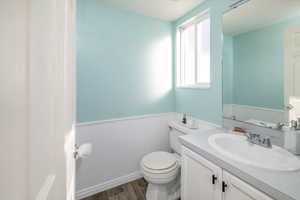 Bathroom featuring vanity, hardwood / wood-style flooring, and toilet