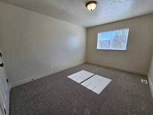 Carpeted empty room featuring a textured ceiling