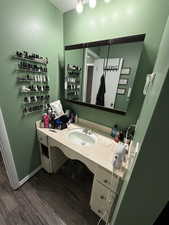 Bathroom featuring vanity and wood-type flooring