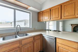 Kitchen featuring stainless steel dishwasher, a healthy amount of sunlight, a fireplace, and sink