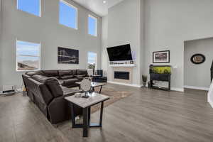 Living room with a high ceiling, hardwood / wood-style flooring, and a fireplace