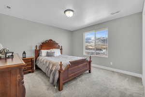 Bedroom featuring light colored carpet